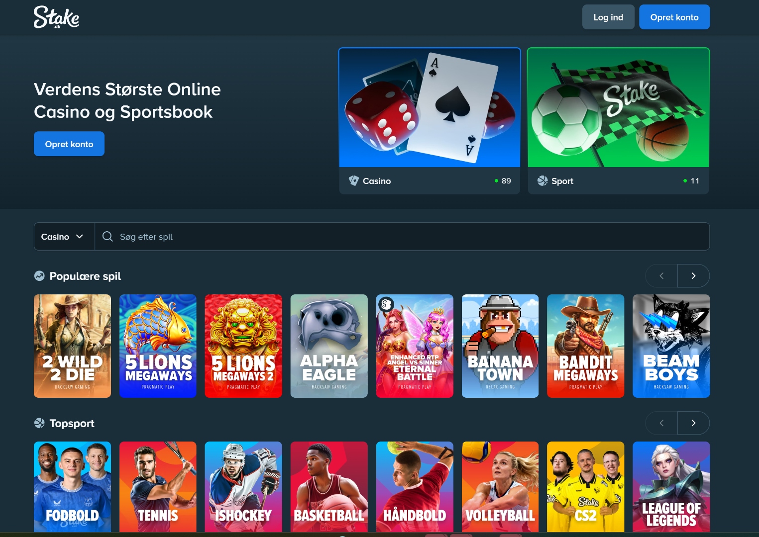 Stake.dk platform — casino og sportsbook interface